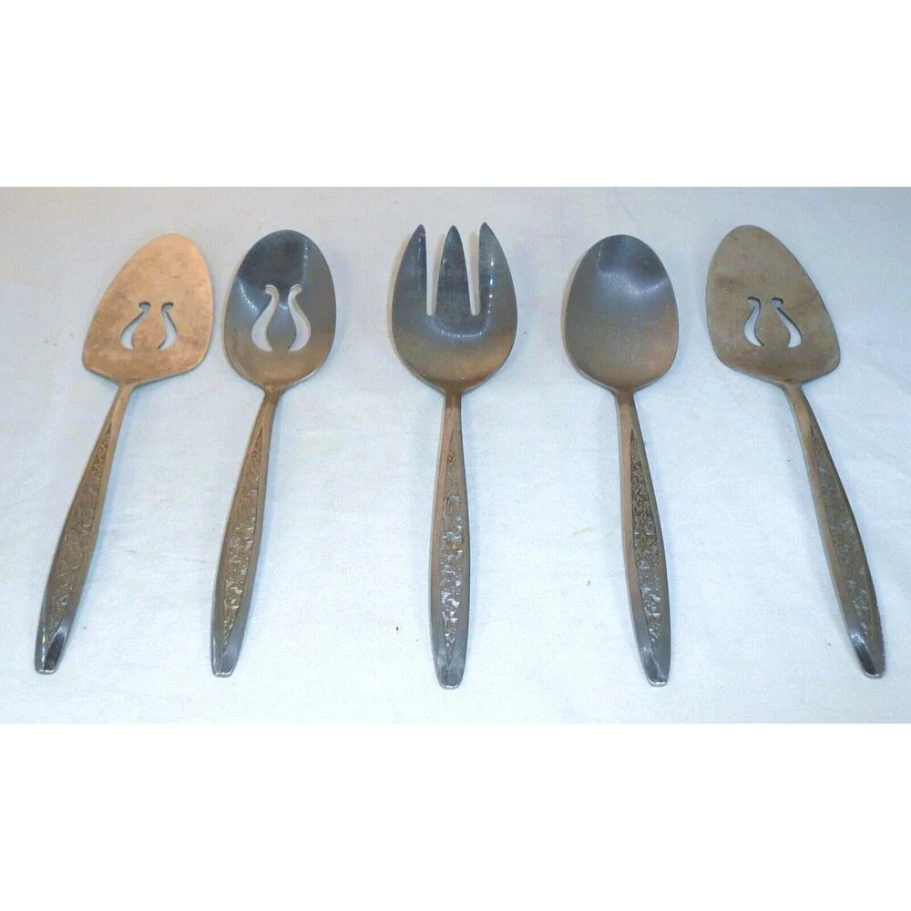 VTG Set of 5 Customcraft Petal Lane Serving Spoons Pie Floral Stainless Taiwan